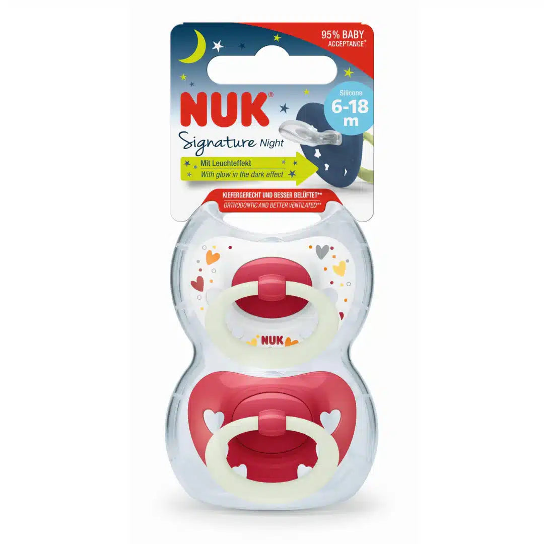 NUK Signature Glow In The Dark Soother Pink 6-18 months 2's