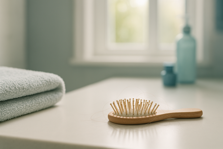 A hairbrush on a bright bathroom counter in soft morning light