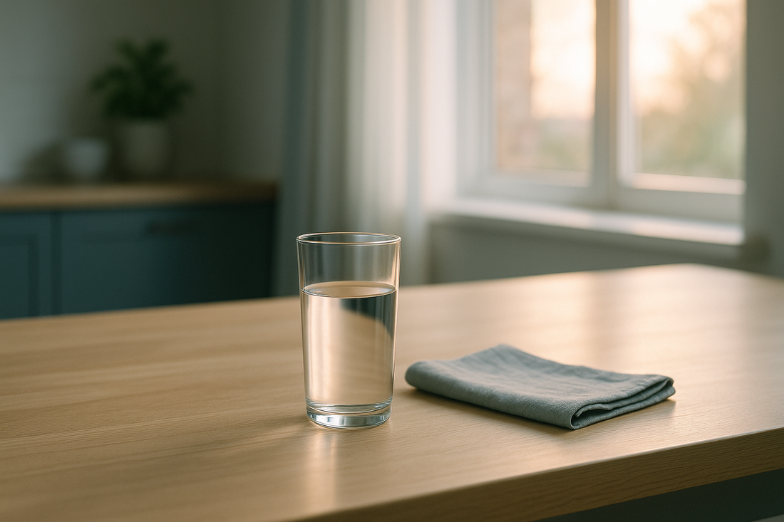 A glass of water on a bright kitchen counter in early-morning light