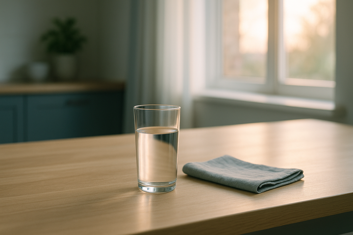 A glass of water on a bright kitchen counter in early-morning light
